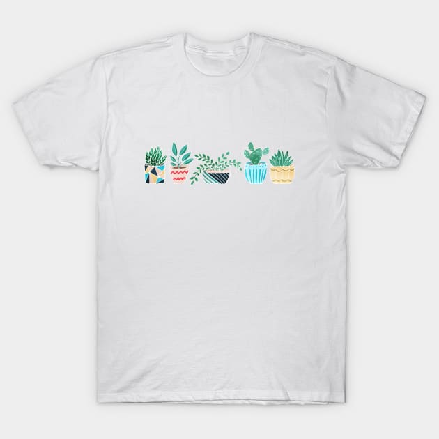 Five in a Row - Plants in Funky Pots T-Shirt by tangerinetane